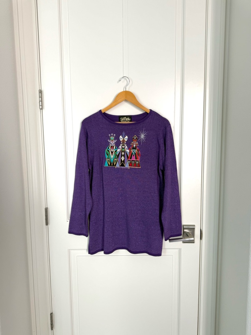 Vintage 90s Bob Mackie Christmas Purple Sweater Embroidered 3 Wise Men MEDIUM